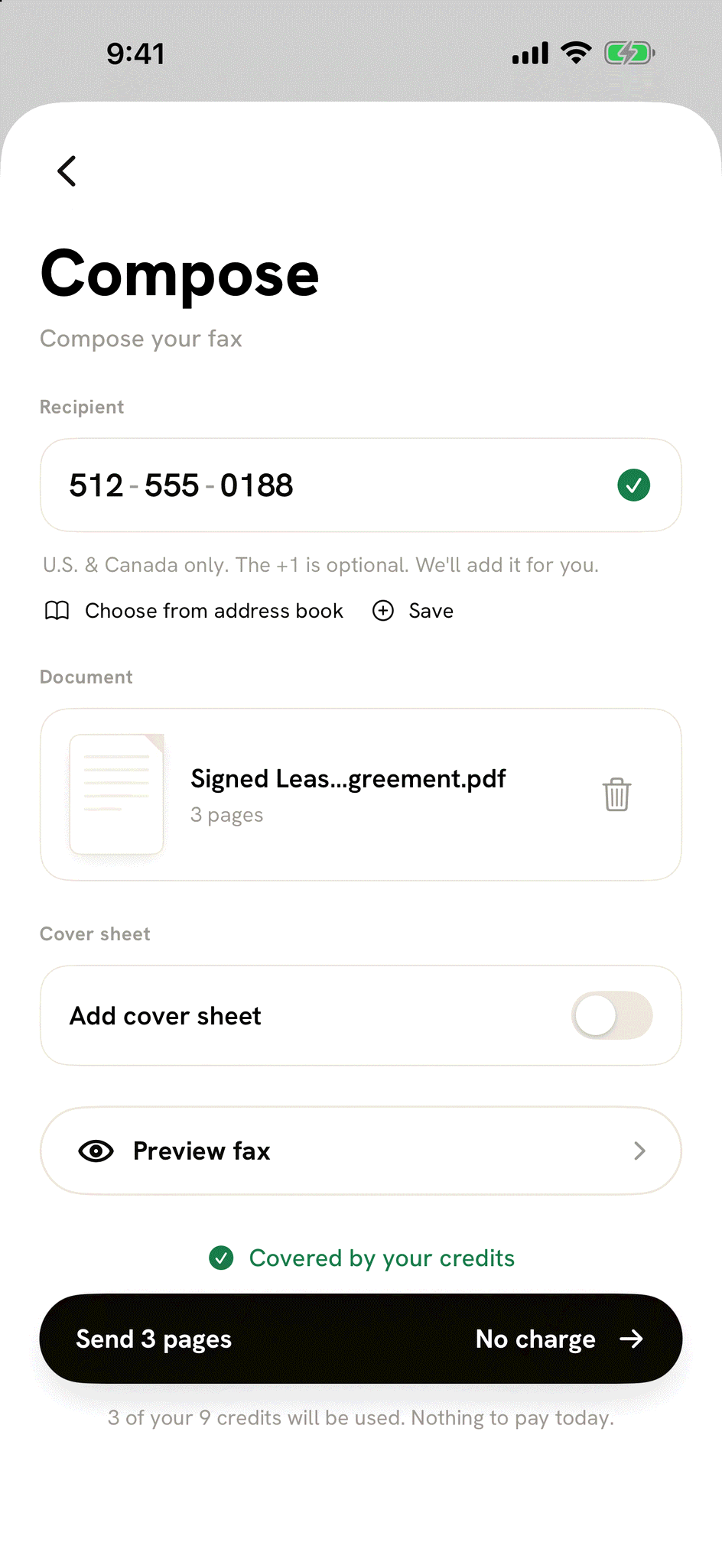 Compose with fax number 512-555-0188, the file Signed Lease Agreement.pdf at 3 pages, and the Send 3 pages button
