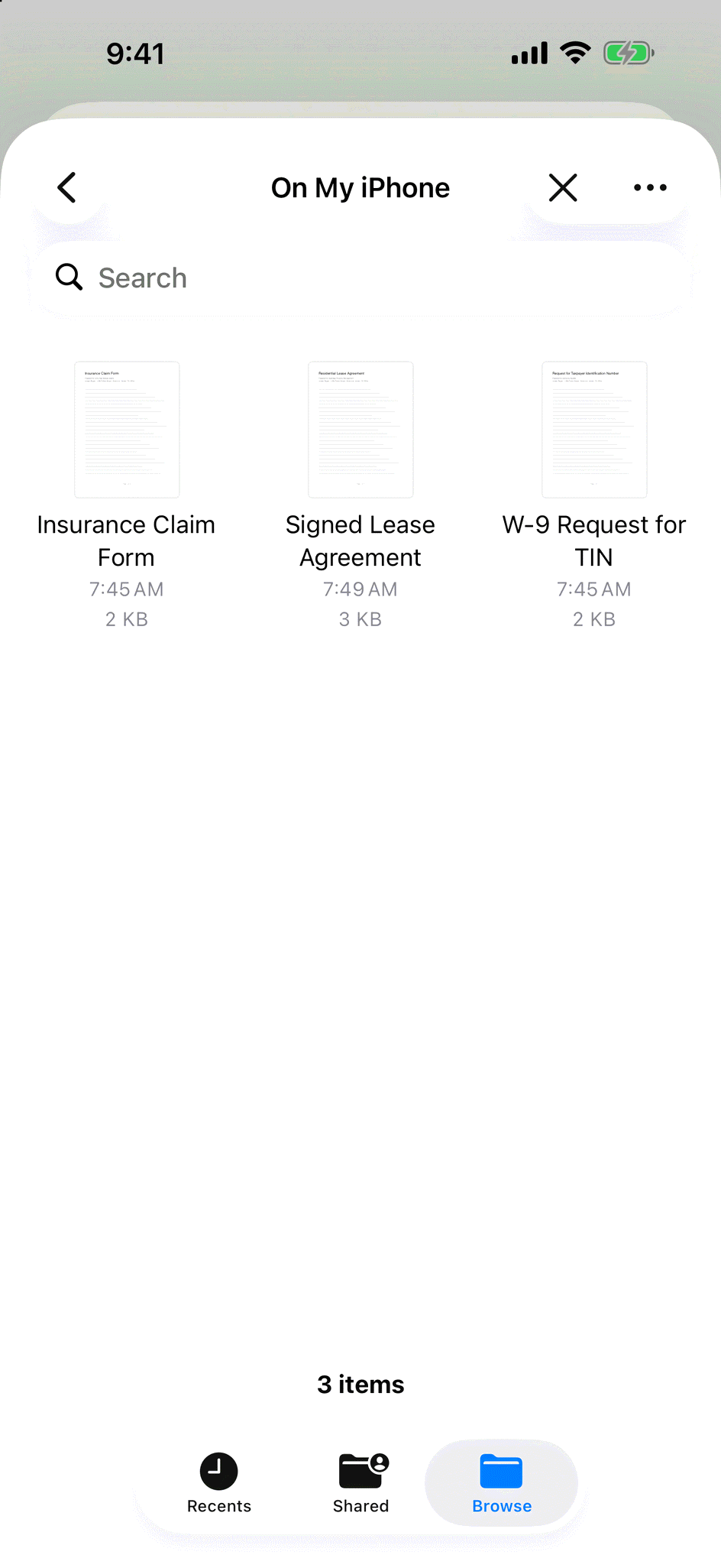 The Files picker open on On My iPhone, showing three PDFs: Insurance Claim Form, Signed Lease Agreement and W-9 Request for TIN