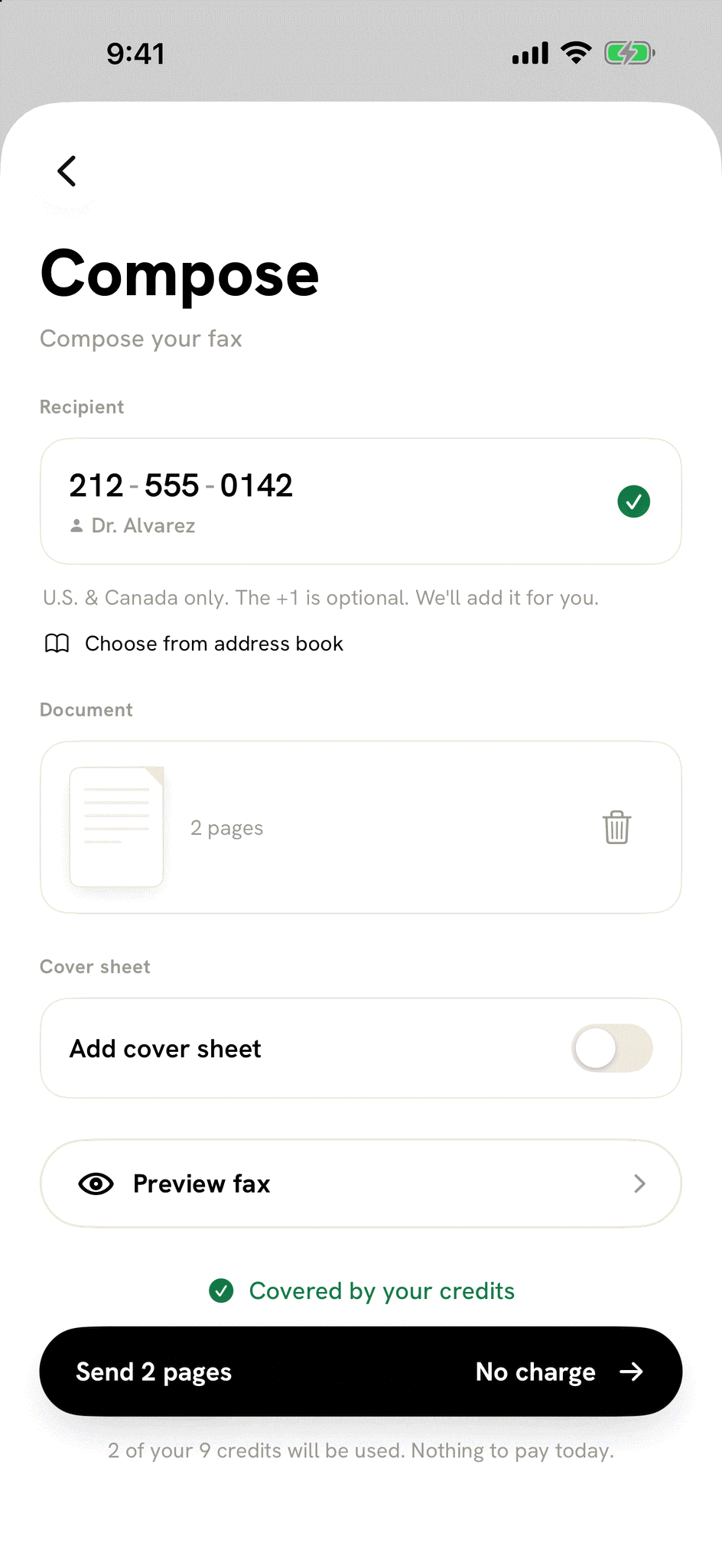 Compose with a fax number matched to a saved contact, a two-page document and the Send 2 pages button