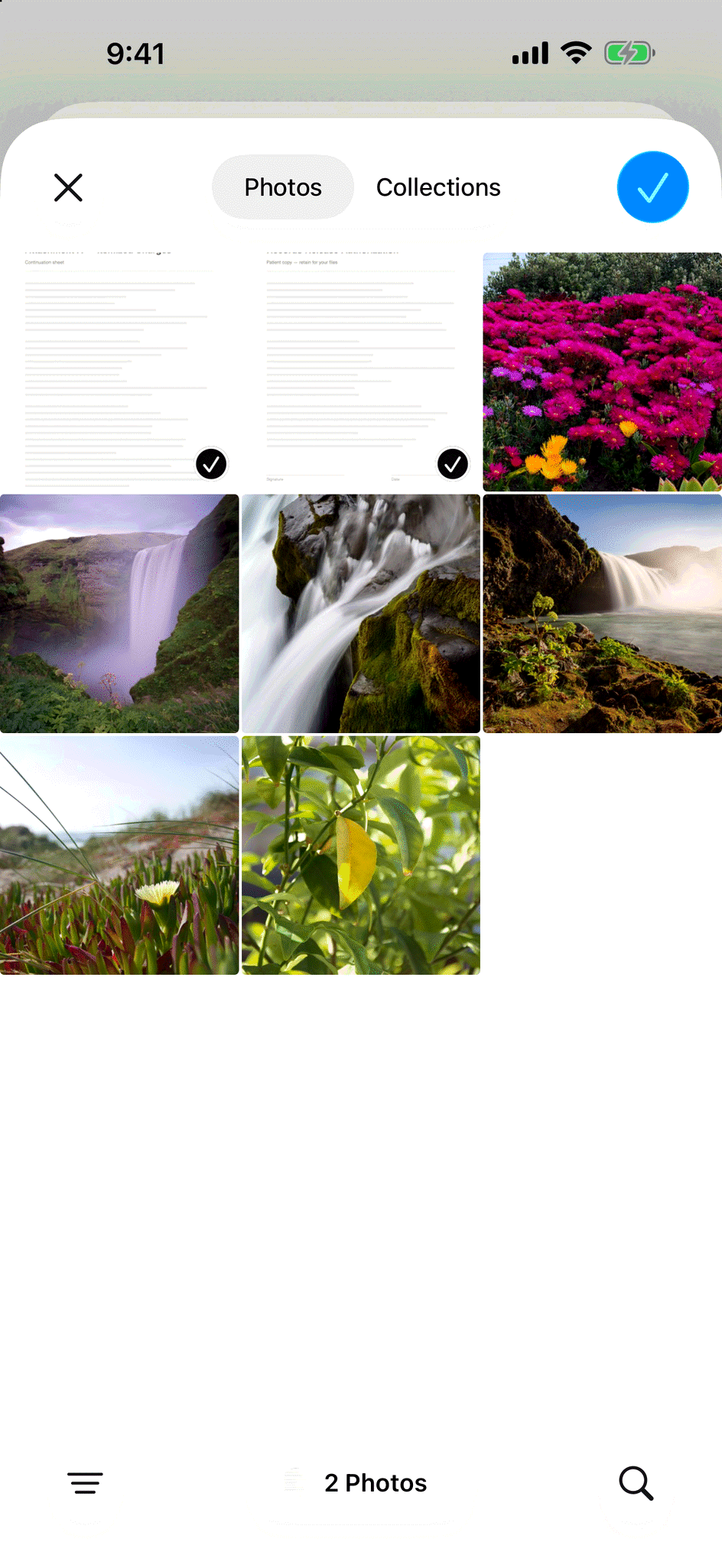 The iPhone photo picker with two document photos checked and 2 Photos shown at the bottom