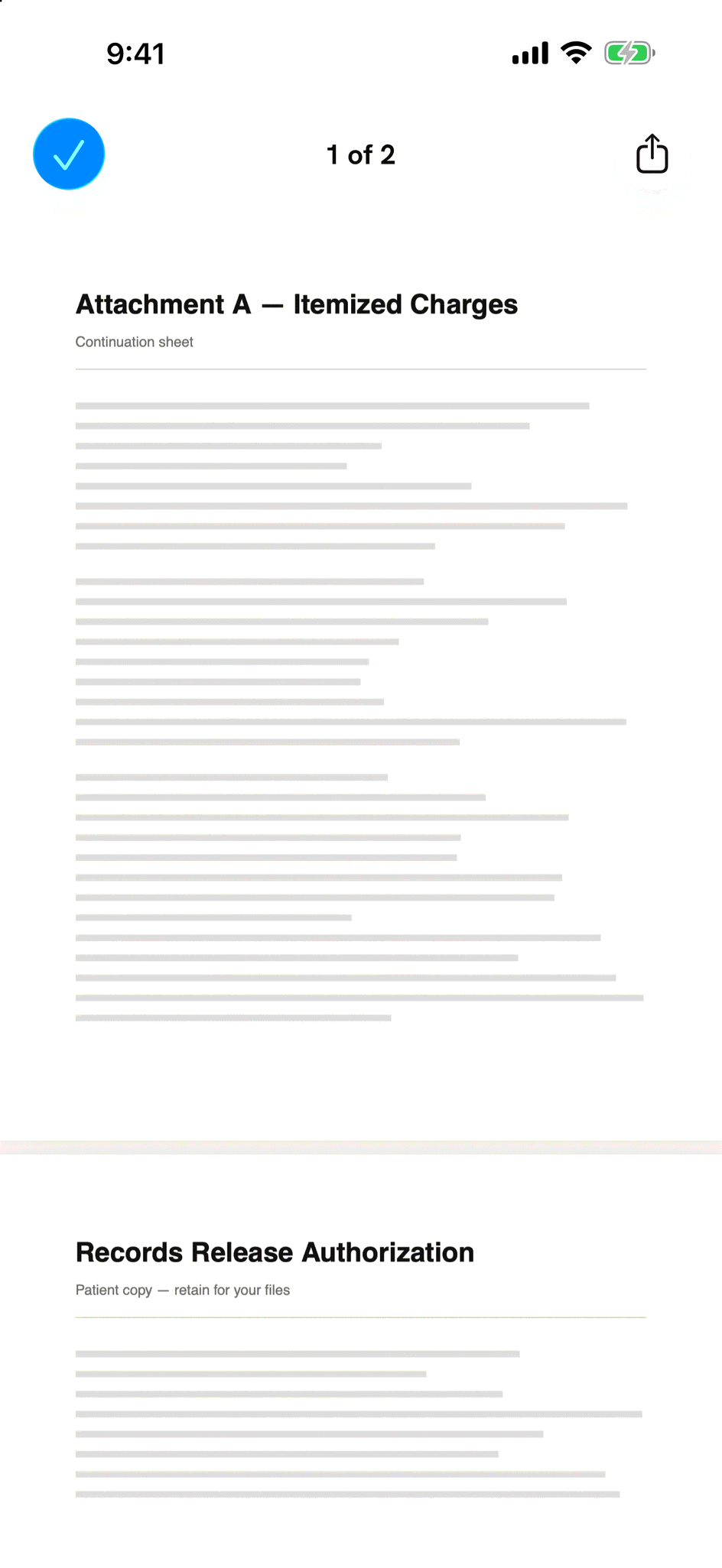 Preview fax showing page 1 of 2, a document titled Attachment A, Itemized Charges, with the next page below