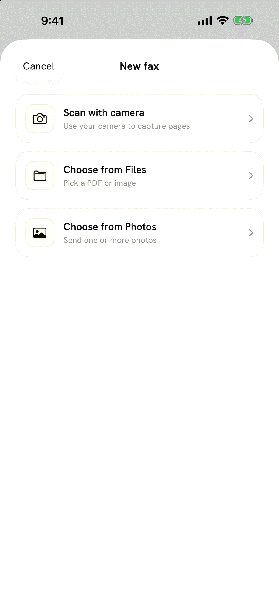 The New fax screen with three choices: Scan with camera, Choose from Files and Choose from Photos